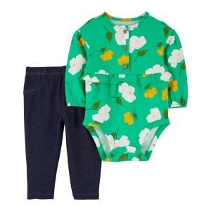 Green/Navy Baby 2-Piece Floral Bodysuit Pant Set