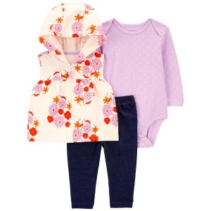 Purple/White/Navy Baby 3-Piece Floral Little Vest Set