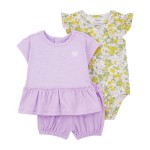 Purple Baby 3-Piece Floral Crinkle Jersey Little Short Set