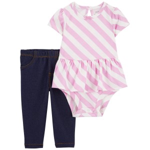 Pink/Navy Baby 2-Piece Striped Peplum Bodysuit Pant Set