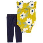 Green/Navy Baby 2-Piece Floral Bodysuit Pant Set