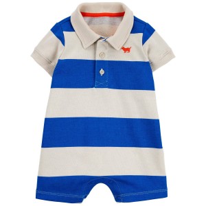 Blue/Ivory Baby Rugby Striped Cotton Romper