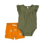 Green/Orange Baby 2-Piece Eyelet Bodysuit & Shorts Made With LENZING ECOVERO