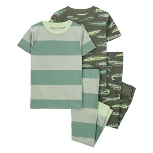 Green Toddler 4-Piece Rugby Stripe 100% Snug Fit Cotton Pajamas
