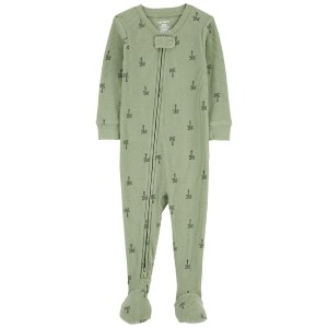 Green Toddler 1-Piece Palm Tree Thermal Footie Pajamas
