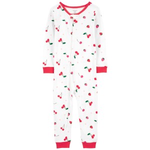 White/Red Toddler 1-Piece Cherry Print 100% Snug Fit Cotton Footless Pajamas