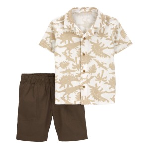 Brown Baby 2-Piece Dinosaur Button-Front Shirt & Short Set