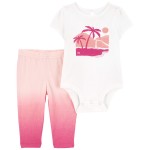Pink/White Baby 2-Piece Palm Tree Bodysuit Pant Set