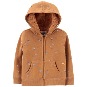 Brown Baby Floral Print Sherpa Lined Hooded Jacket