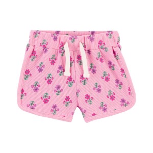 Pink Baby Waffle Knit Pull-On Floral Shorts