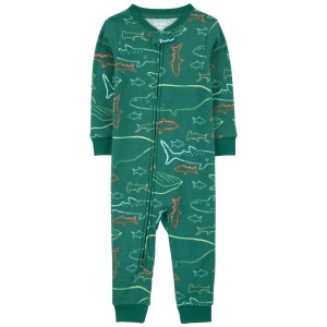 Green Toddler 1-Piece Shark 100% Snug Fit Cotton Footless Pajamas