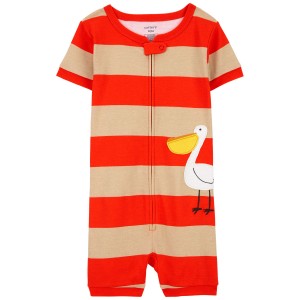 Red/Tan Toddler 1-Piece Pelican Striped 100% Snug Fit Cotton Romper Pajamas