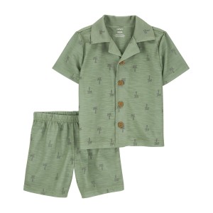Green Toddler 2-Piece Palm Tree Coat-Style Loose Fit Pajamas