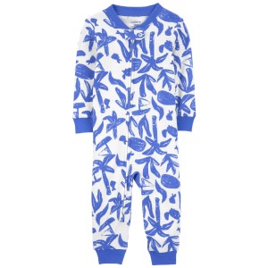Blue/White Toddler 1-Piece Ocean Print 100% Snug Fit Cotton Footless Pajamas
