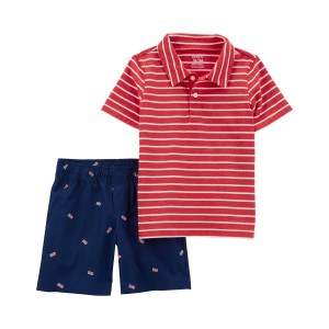 Red Toddler 2-Piece Striped Polo Shirt & Short Set