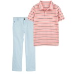 Multi Kid 2-Piece Striped Jersey Polo & Flat-Front Pants Set