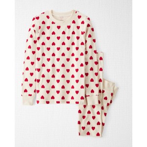 Heart Print on Sweet Cream Kid Organic Cotton 2-Piece Pajamas