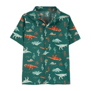 Green Kid Button-Front Dinosaur-Print Shirt