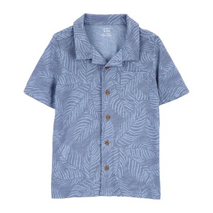 Blue Kid Palm Tree Button-Front Shirt