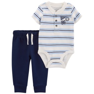 Blue/White Baby 2-Piece Varsity Striped Bodysuit Pant Set