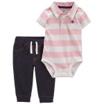 Pink/Navy Baby 2-Piece Striped Polo Bodysuit Pant Set