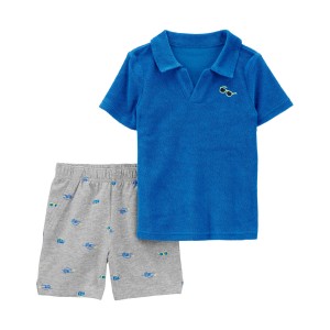 Blue/Grey Baby 2-Piece Polo Shirt & Short Set