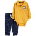 Yellow/Navy Baby 2-Piece Polo Bodysuit & Pants Set