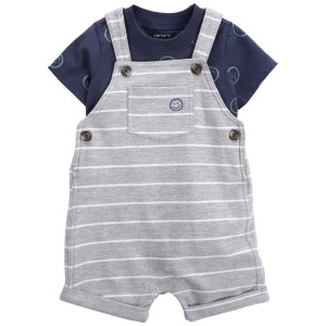Gray Baby 2-Piece Smiley Tee & Striped Shortalls Set