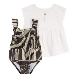 Black/White Baby 2-Piece Zebra 1-Piece Swimsuit & Cover-Up Set