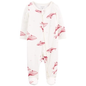 Ivory/Pink Baby Whale Print Zip-Up PurelySoft Sleep & Play Pajamas