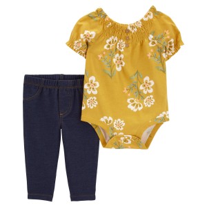 Gold/Navy Baby 2-Piece Floral Bodysuit Pant Set