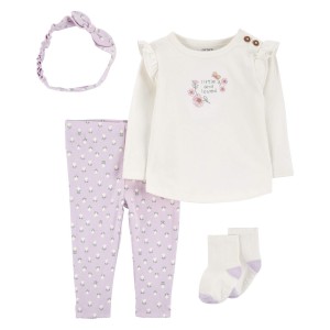 Purple/White Baby 4-Piece Floral Outfit Set