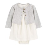 Grey/White Baby 2-Piece Bodysuit Dress & Cardigan Set