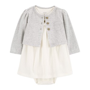 Grey/White Baby 2-Piece Bodysuit Dress & Cardigan Set