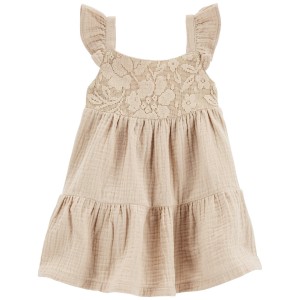Tan Baby Lace Tiered Flutter Dress