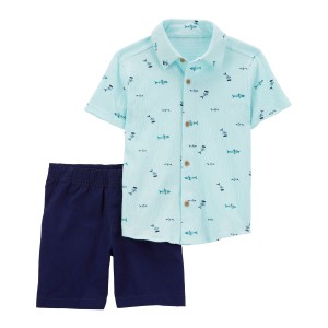 Blue Toddler 2-Piece Fish Button-Front Shirt & Short Set