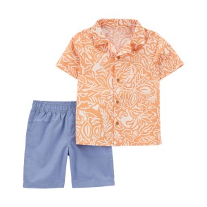 Orange/Blue Toddler 2-Piece Palm Linen Button-Front Shirt & Short Set