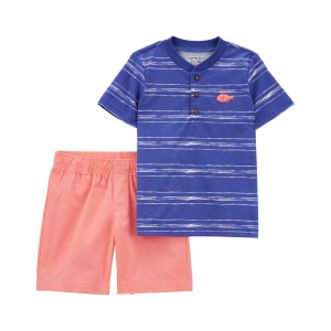 Blue/Coral Toddler 2-Piece Striped Henley & Short Set