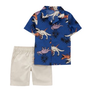 Navy/Khaki Toddler 2-Piece Dinosaur Button-Front Shirt & Short Set