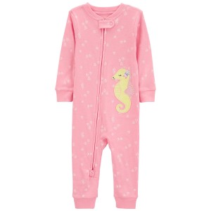 Pink Toddler 1-Piece Sea Horse 100% Snug Fit Cotton Footless Pajamas