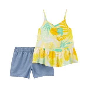 Yellow/Chambray Kid 2-Piece Floral Tank & Chambray Short Set Made With LENZING ECOVERO