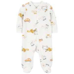 White Baby Vehicles 2-Way Zip Cotton Sleep & Play Pajamas