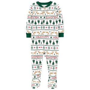 Green/Ivory Baby 1-Piece Christmas 100% Snug Fit Cotton Footie Pajamas