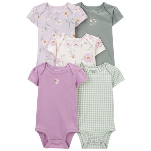 Purple/Green Baby 5-Pack Floral Short-Sleeve Bodysuits