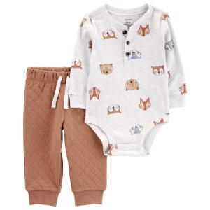 Grey/Brown Baby 2-Piece Animal Print Bodysuit Pant Set