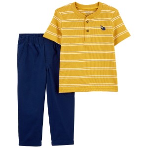 Yellow/Navy Baby 2-Piece Striped Henley Tee & Canvas Pant Set