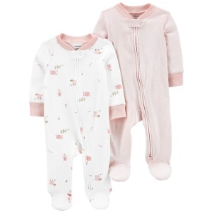 Pink/White Baby 2-Pack 2-Way Zip Cotton Sleep & Play Pajamas