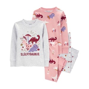 Pink/Grey Baby 4-Piece Dinosaur Cotton Blend Pajamas