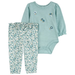 Teal Baby 2-Piece Floral Bodysuit Pant Set
