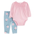 Pink/Blue Baby 2-Piece Eyelet Long-Sleeve Bodysuit Pant Set